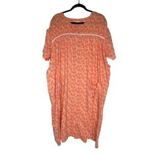 Smocked Button Up House Coat Womens M Orange Floral Short Sleeve Romper Loungewe